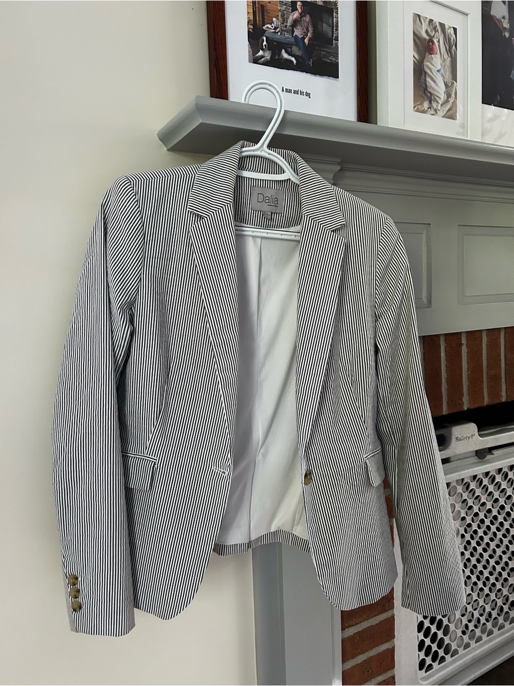 Dalia Women's Seersucker Gray and White Pinstripe Blazer